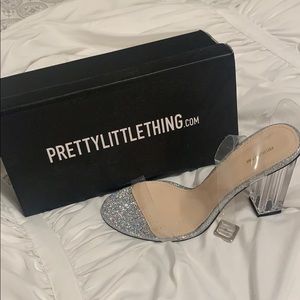PrettyLittleThing Silver Glitter Sole Clear Heels